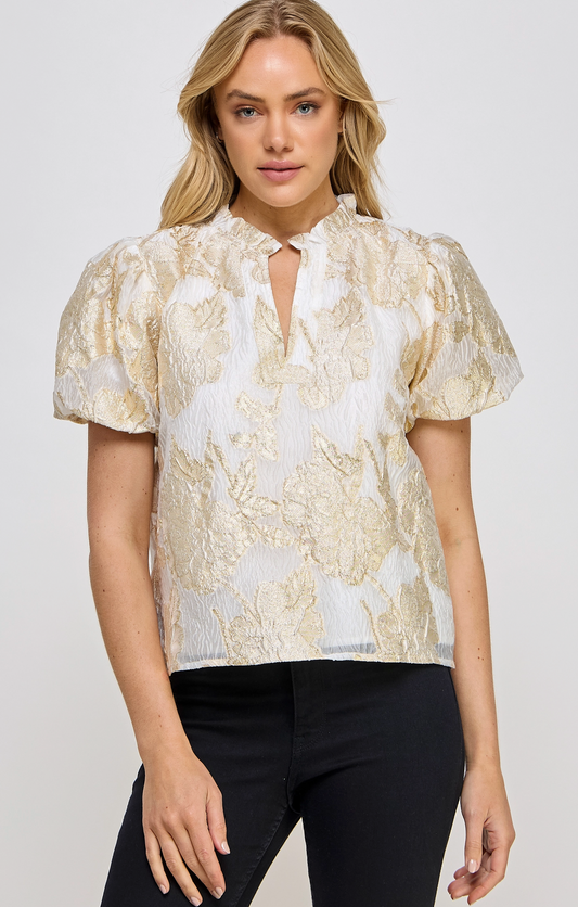 Gold Foiled V-Neck Puff Sleeve Top Gold