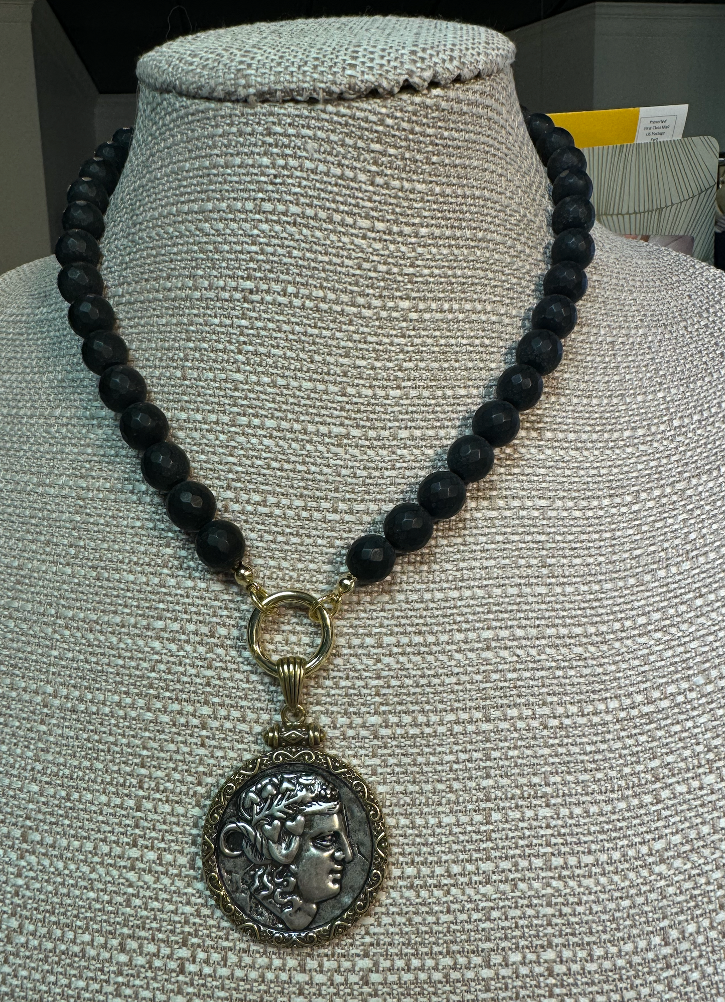 Black Beaded Coin Necklace