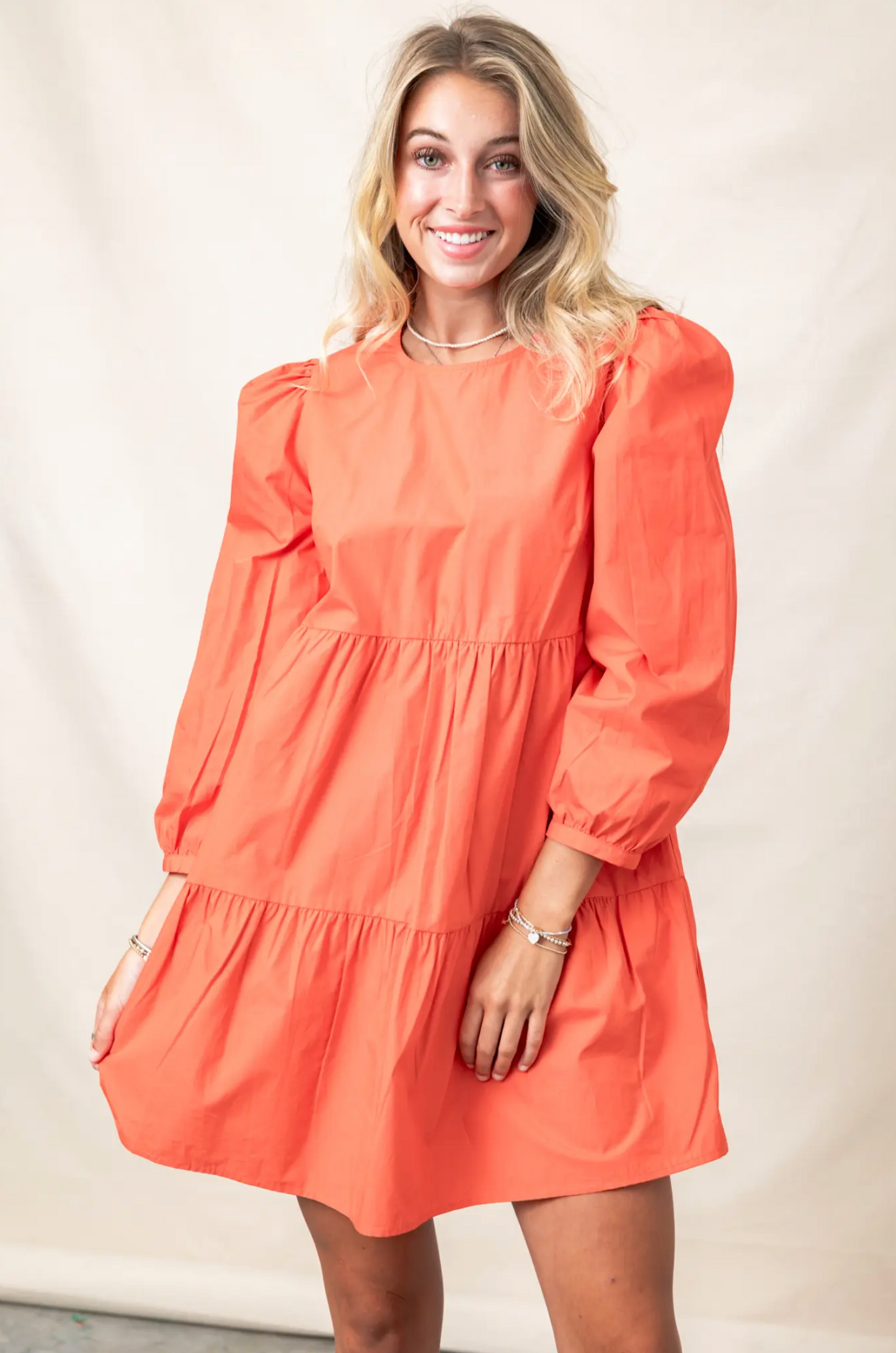 Solid Poplin Long Sleeve Tier Dress