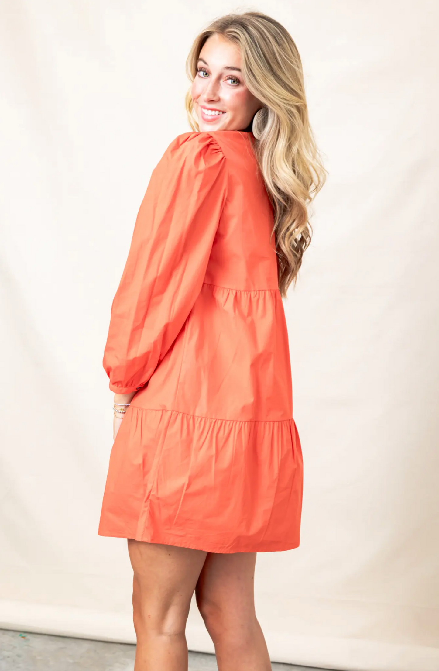 Solid Poplin Long Sleeve Tier Dress