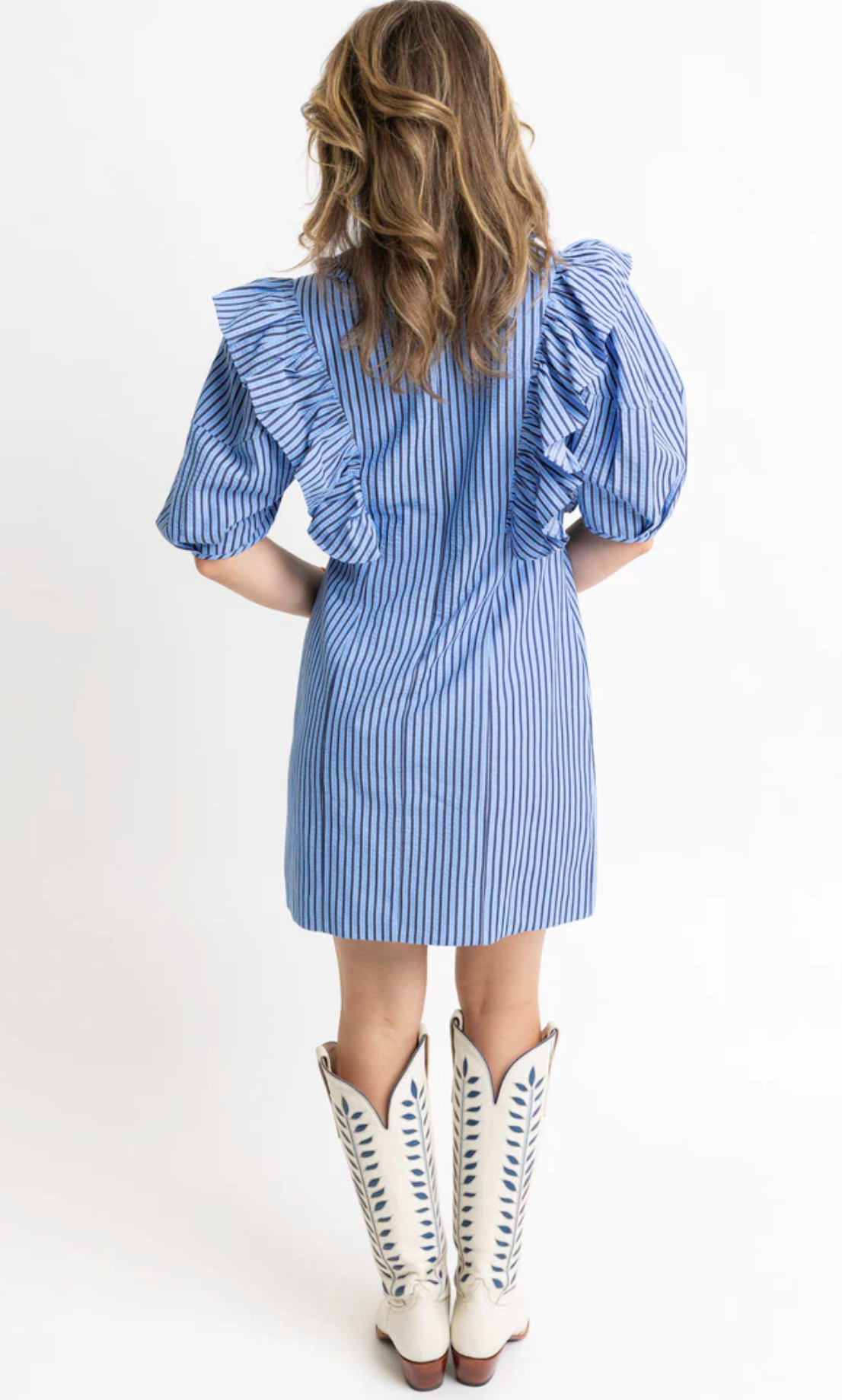 Stripe Vneck Ruffle Puff Slv Dress