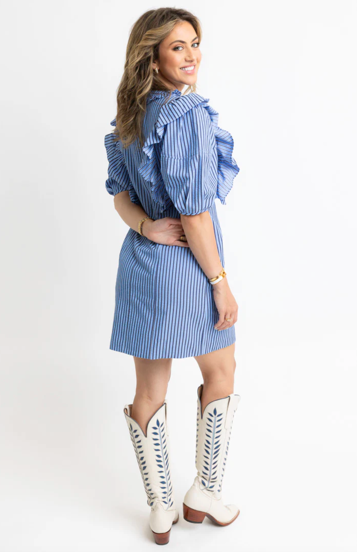 Stripe Vneck Ruffle Puff Slv Dress