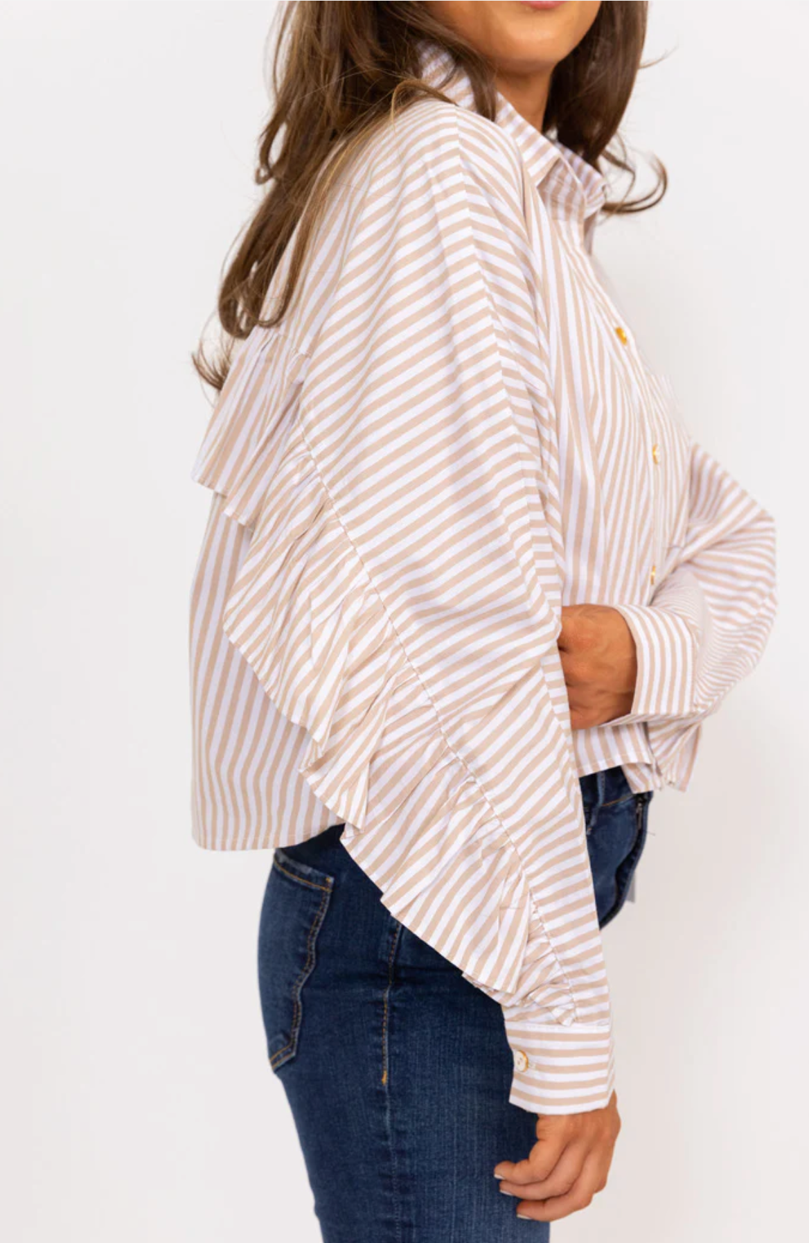 Stripe Poplin Ruffle Back Button Up Top