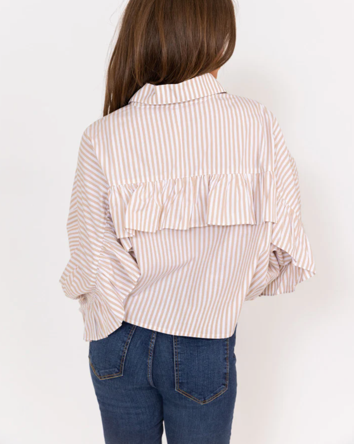 Stripe Poplin Ruffle Back Button Up Top