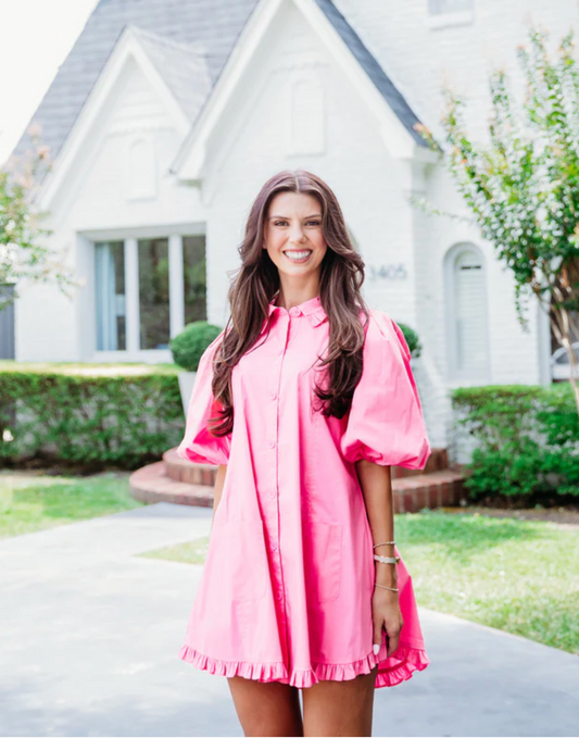 Solid Puff Sleeve Ruffle Pocket Dress