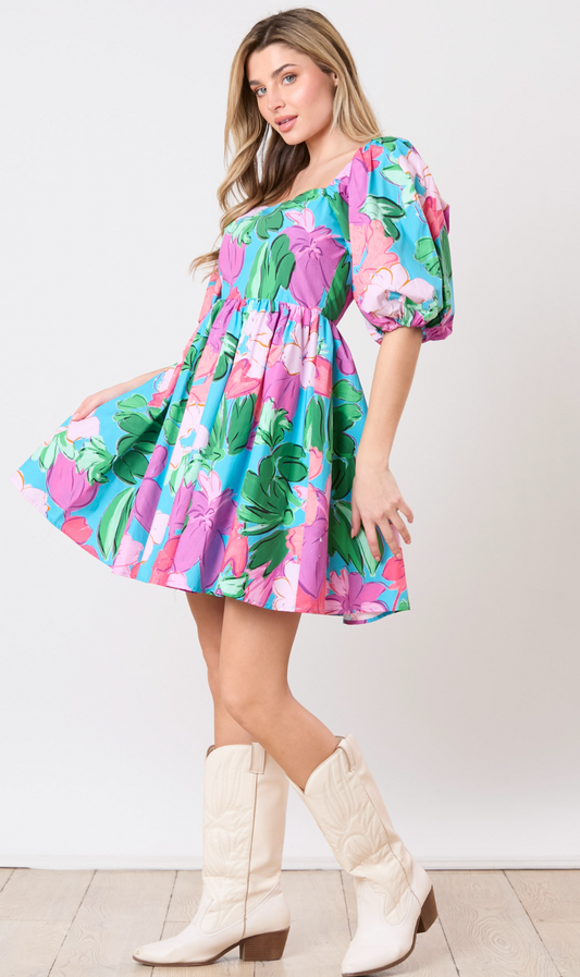 Poplin Floral Babydoll Puff Sleeve Dress