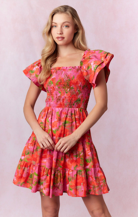 Poplin Brushed Print Ruffle Sleeve Mini Dress