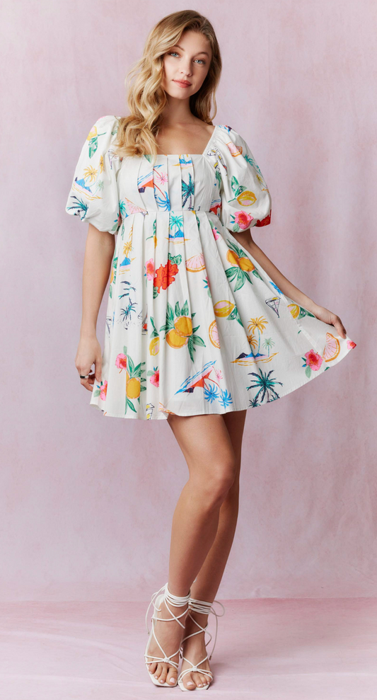 White Poplin Mini Dress W/Print