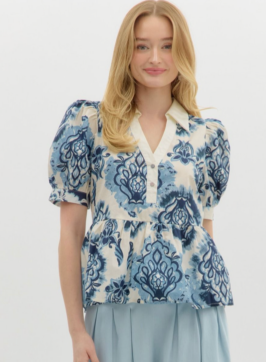Ivory and Blue Puff Sleeve Top