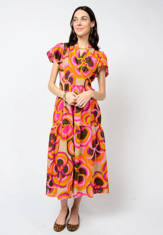 Bold Khaki Floral Midi Dress