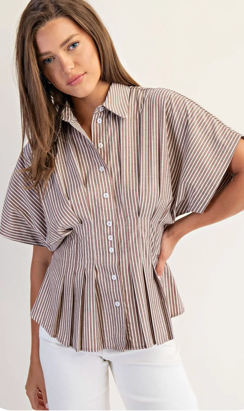Striped Button Down Pleated Short Sleeve Blouse