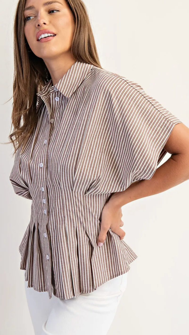 Striped Button Down Pleated Short Sleeve Blouse