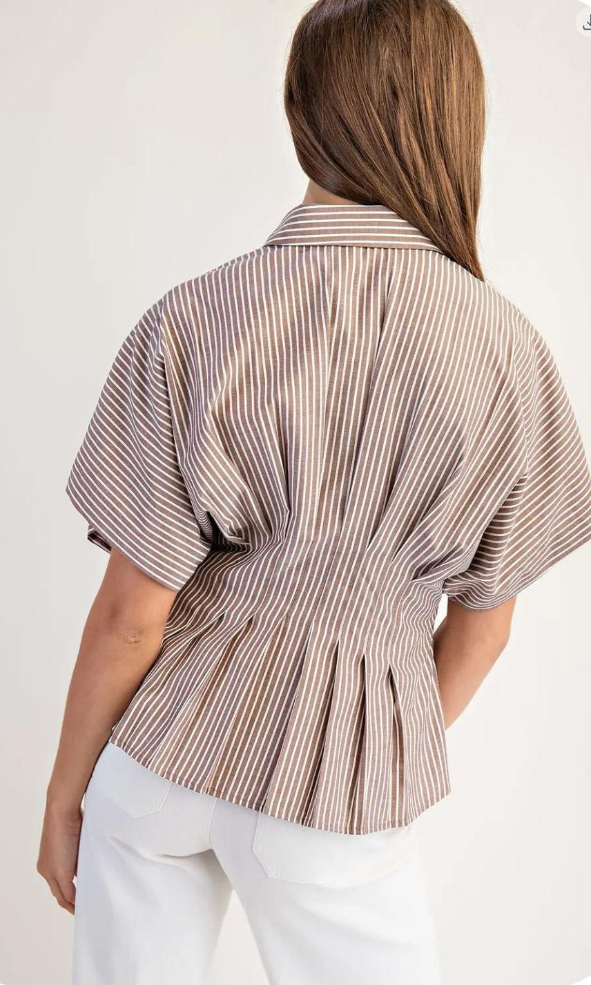 Striped Button Down Pleated Short Sleeve Blouse