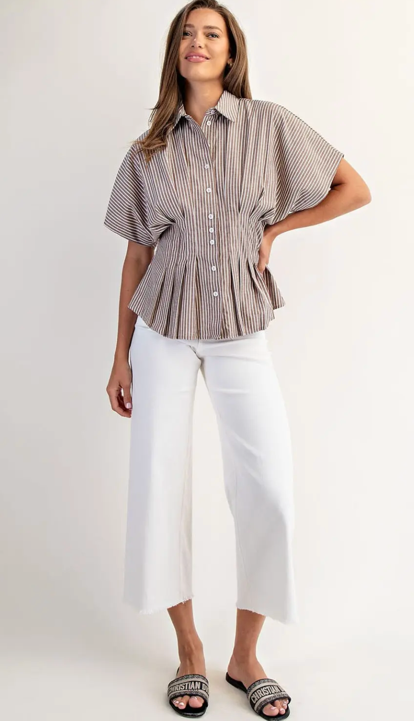 Striped Button Down Pleated Short Sleeve Blouse