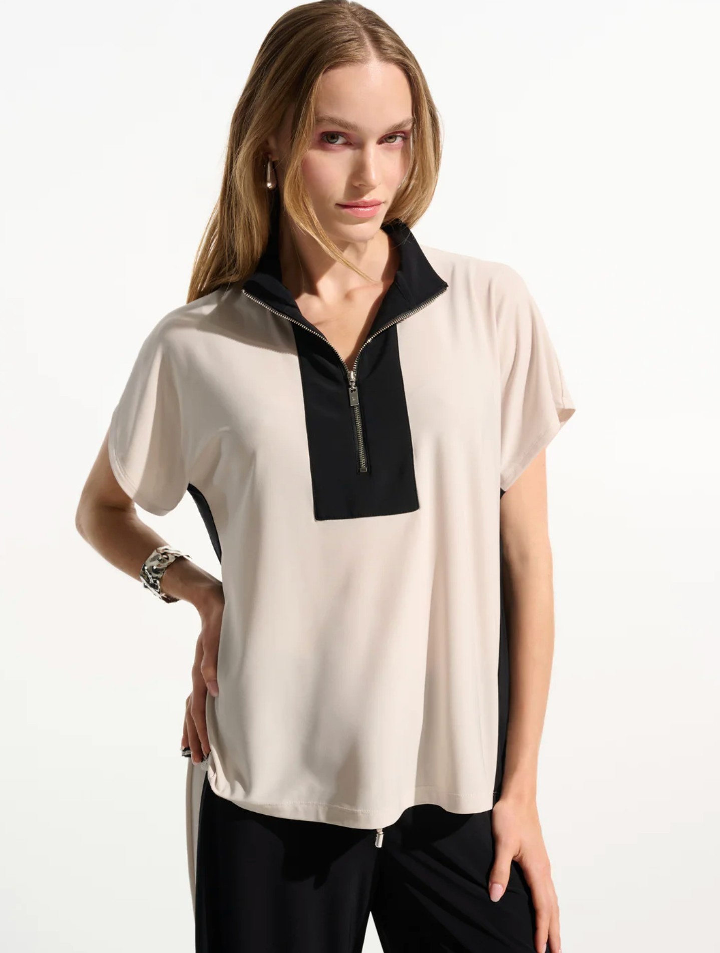 Joseph Ribkoff Silky Knit Color Block Straight Top With Zipped Collar Style 261611