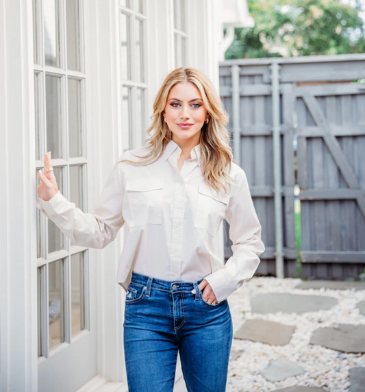 Solid White Pocket Poplin Top