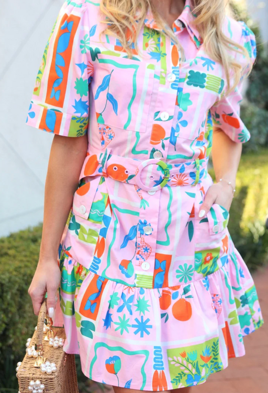 Floral Frame Shirt Dress with Belt