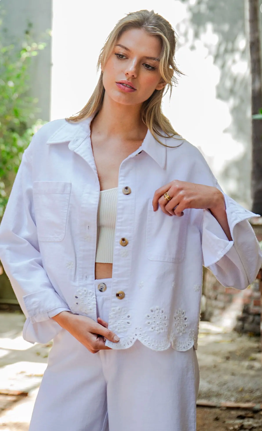 Button Down Eyelet Hem Jacket