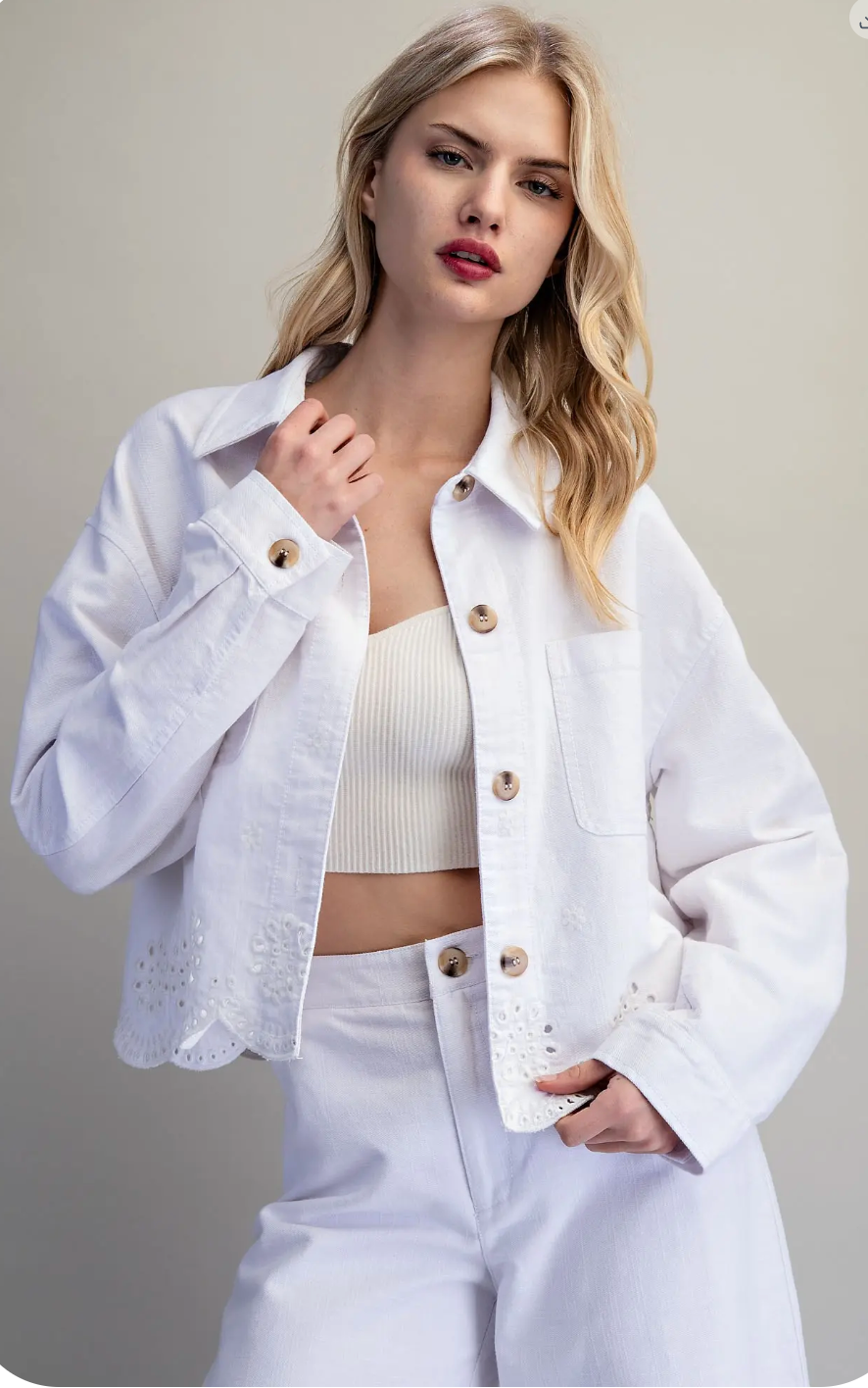 Button Down Eyelet Hem Jacket