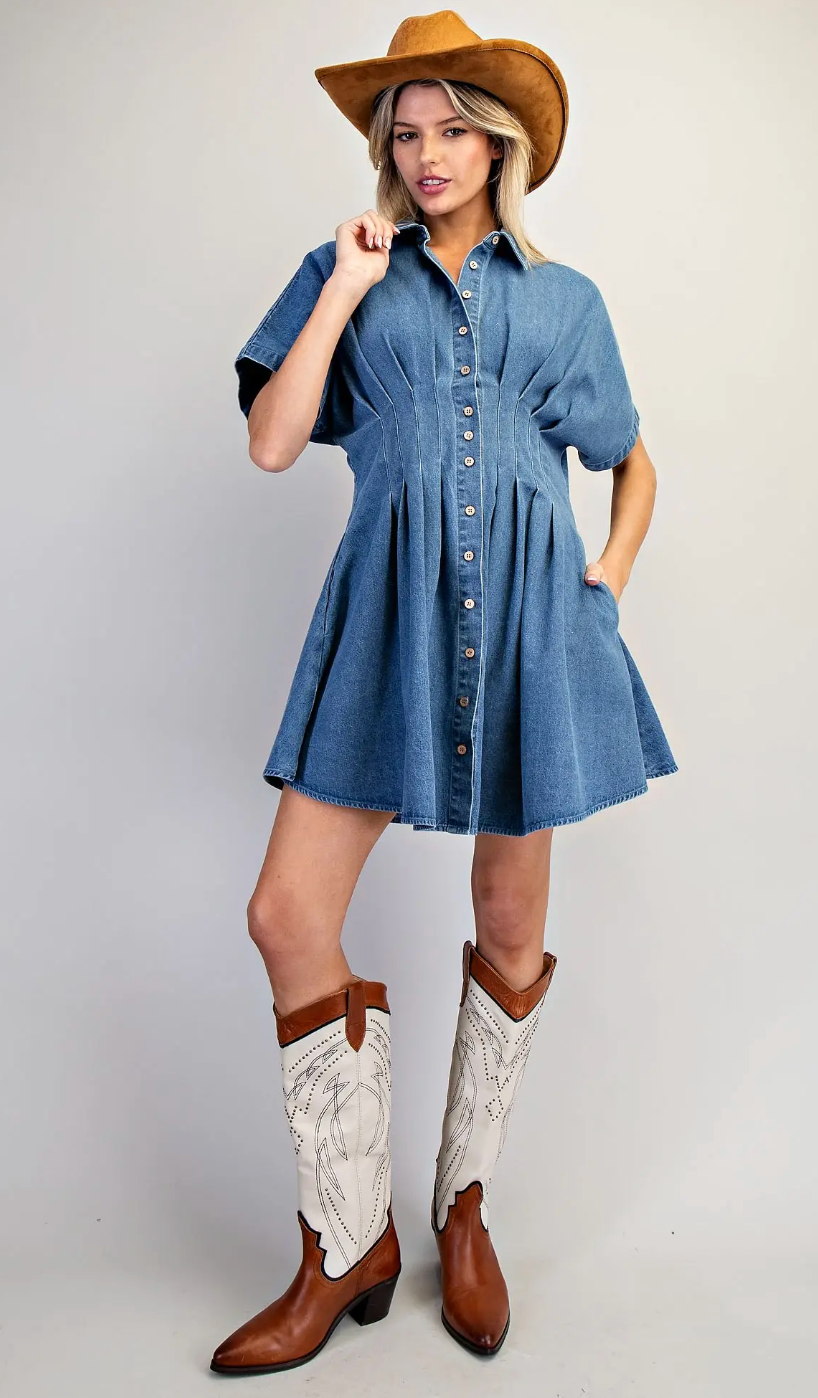 Pleated Button Down Denim Mini Dress