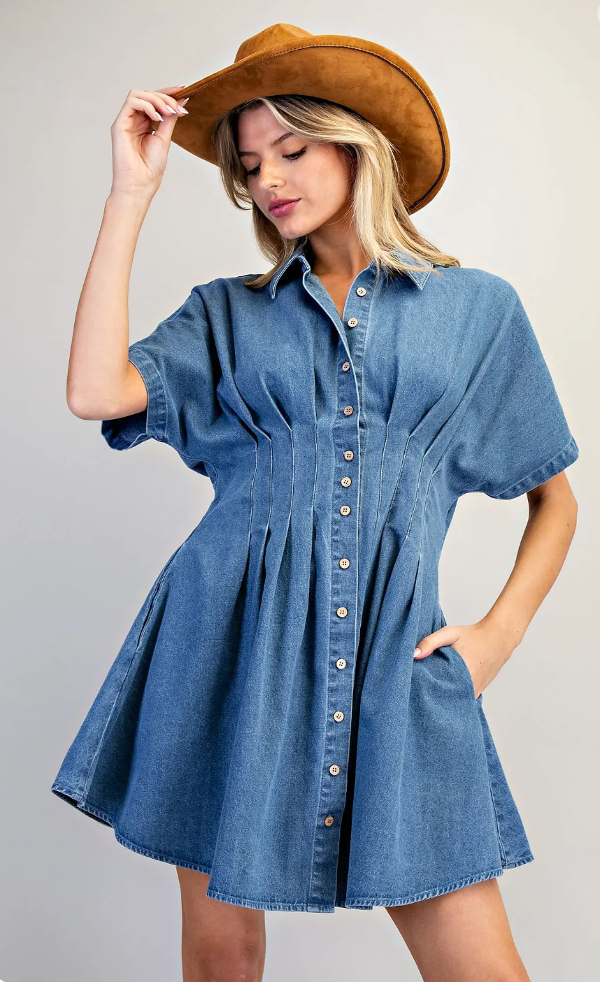 Pleated Button Down Denim Mini Dress
