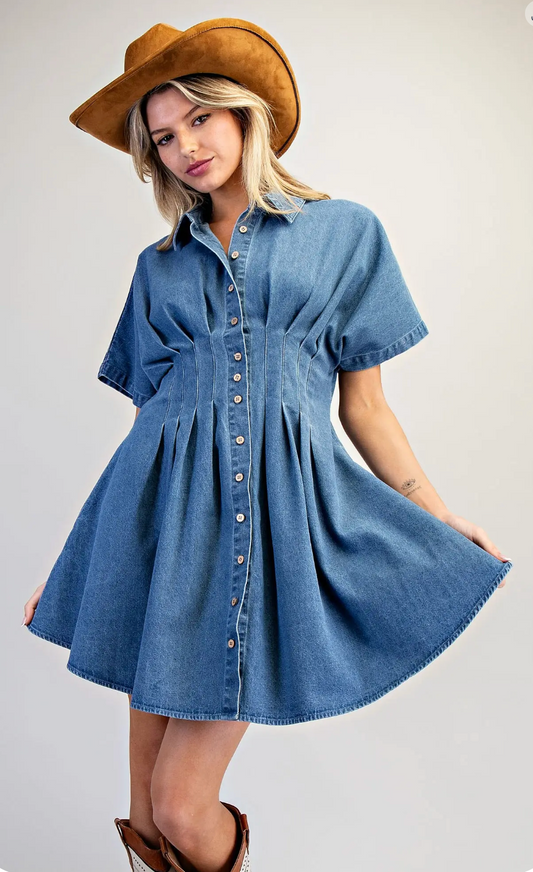 Pleated Button Down Denim Mini Dress