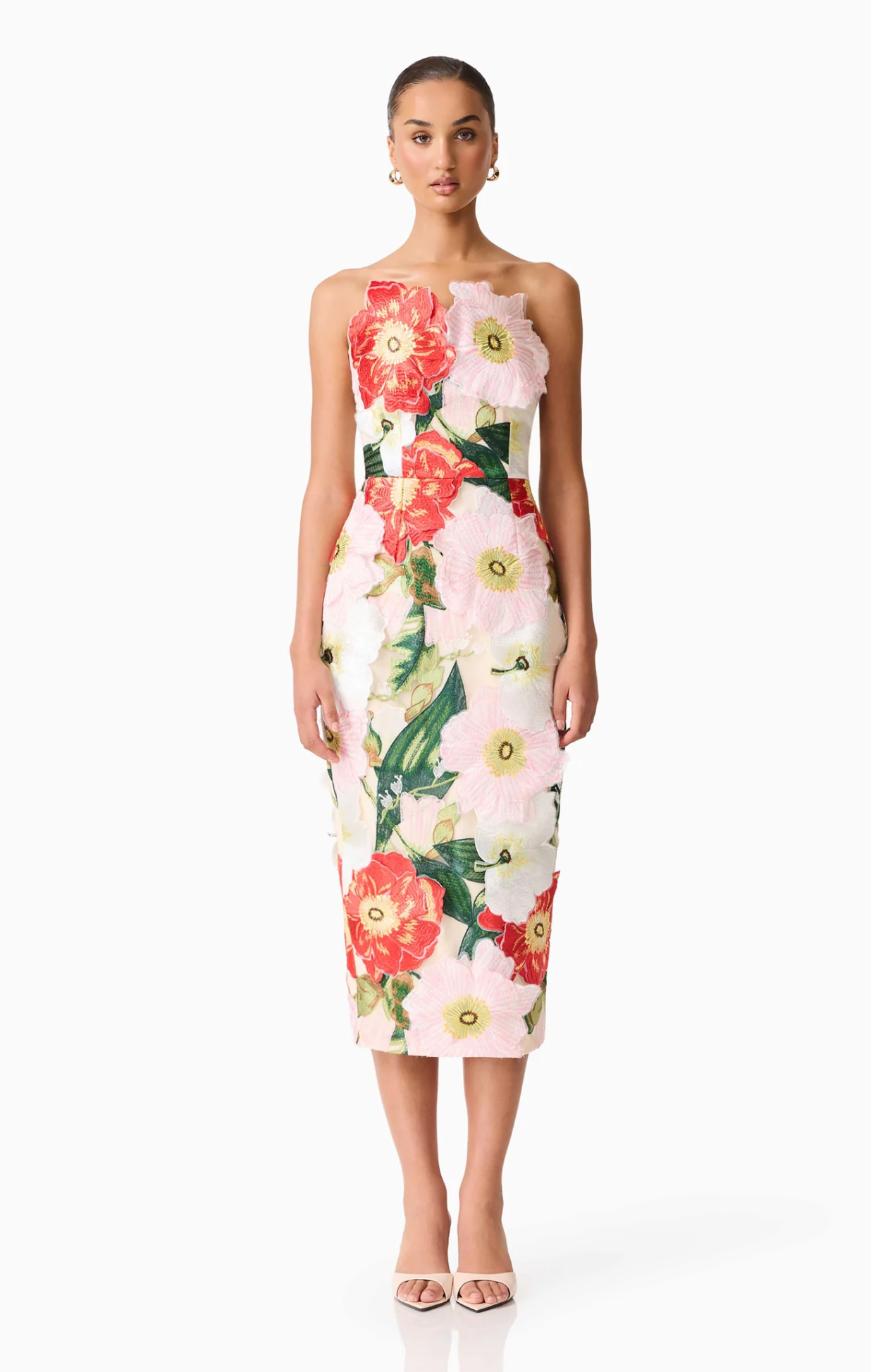 Solara Strapless Midi Dress in Pink Floral
