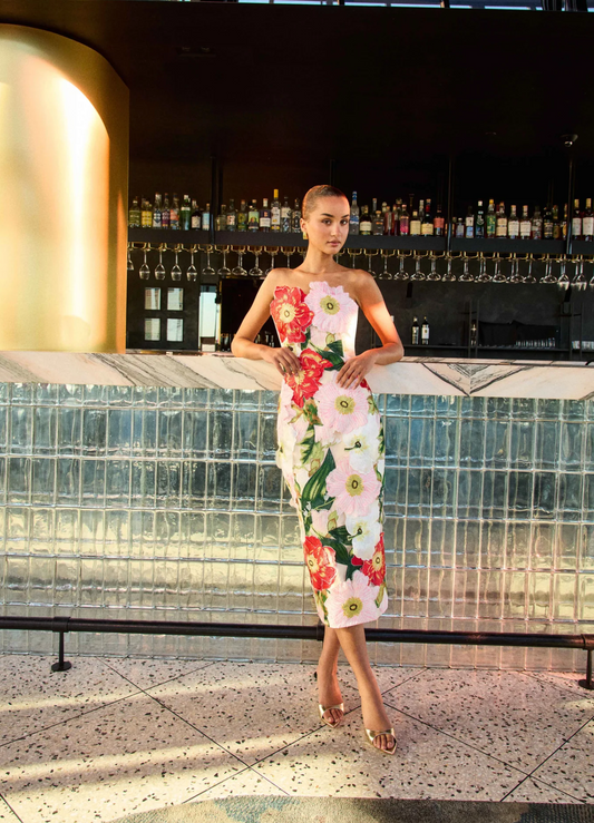 Solara Strapless Midi Dress in Pink Floral