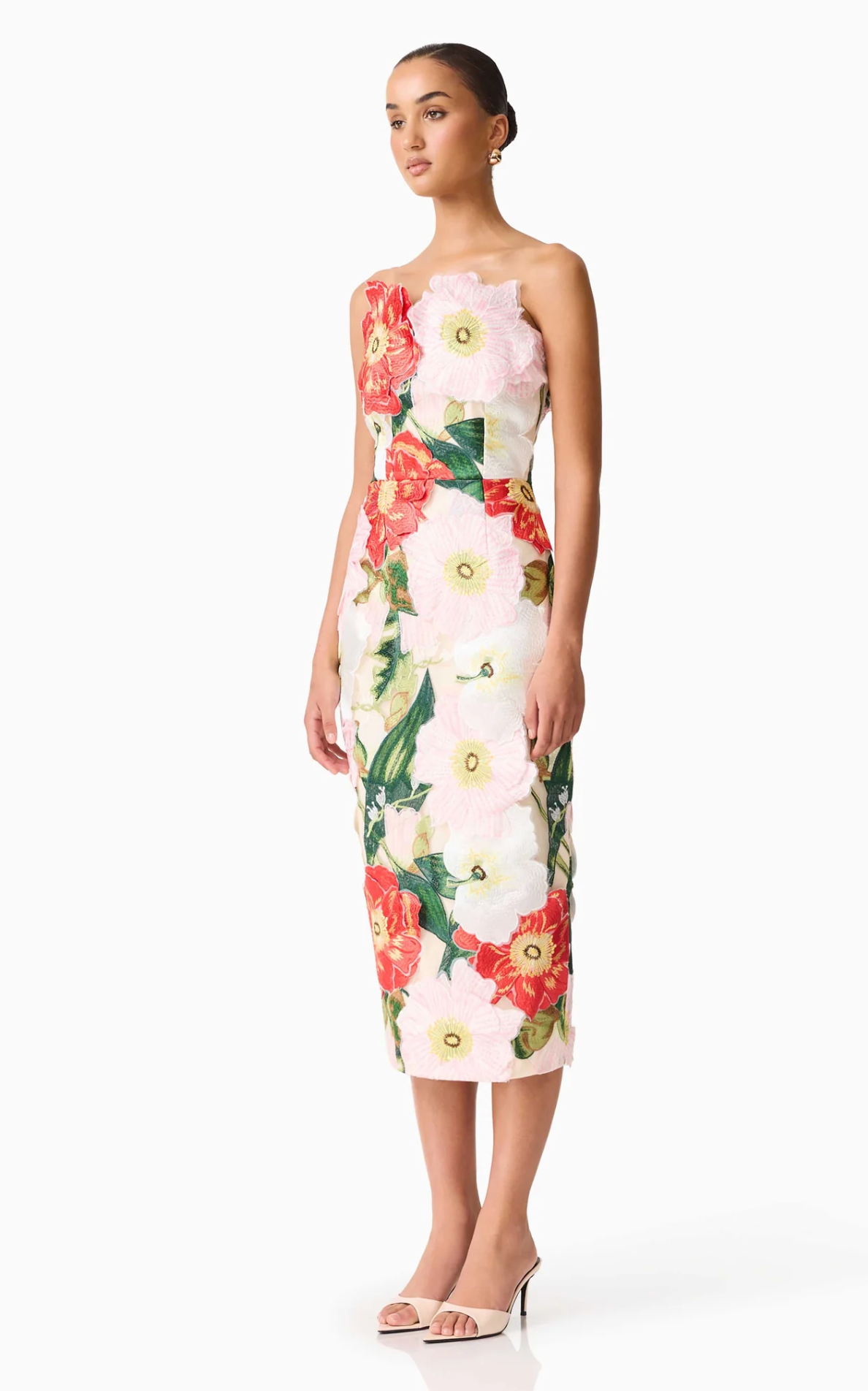 Solara Strapless Midi Dress in Pink Floral