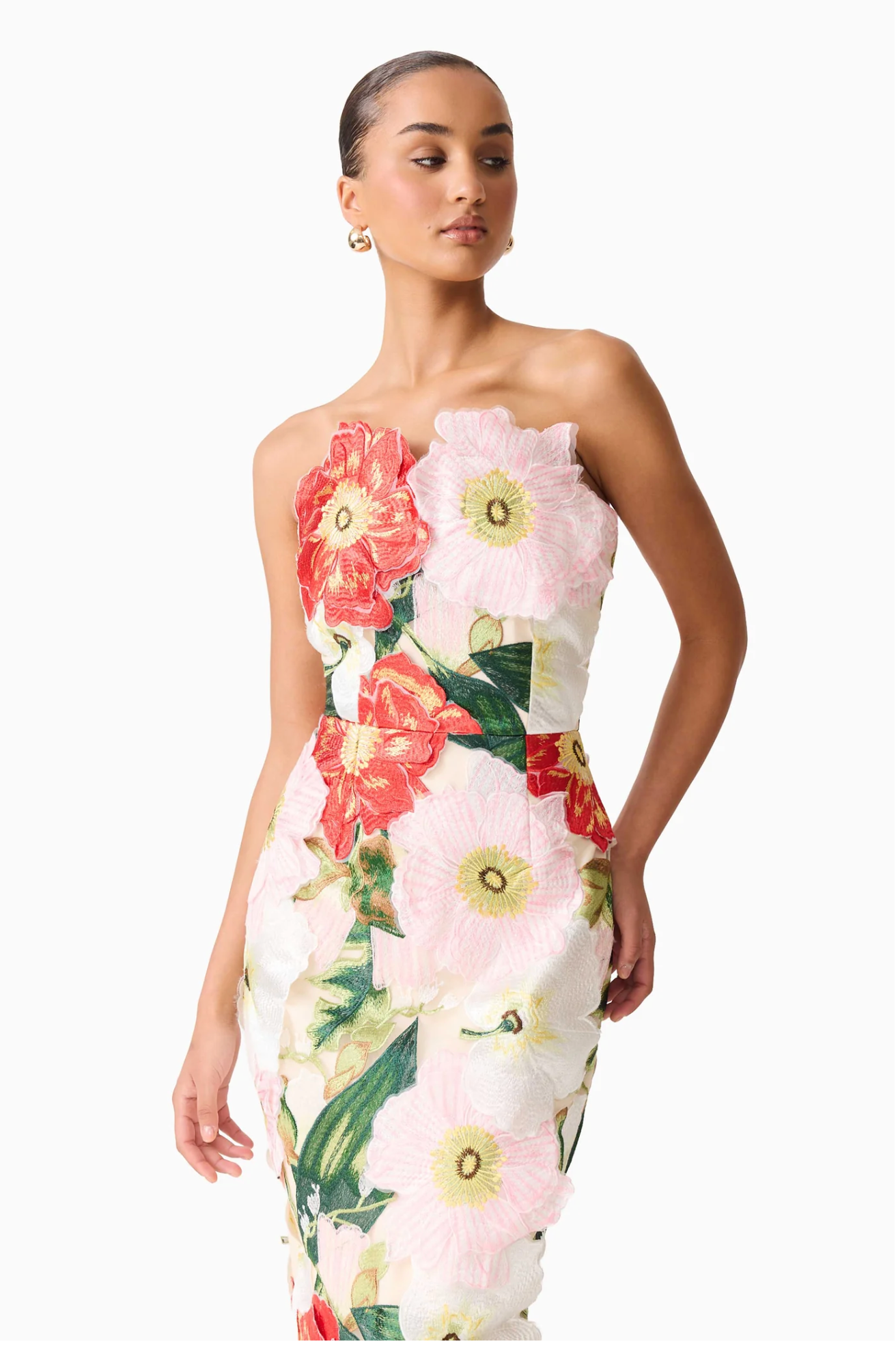 Solara Strapless Midi Dress in Pink Floral