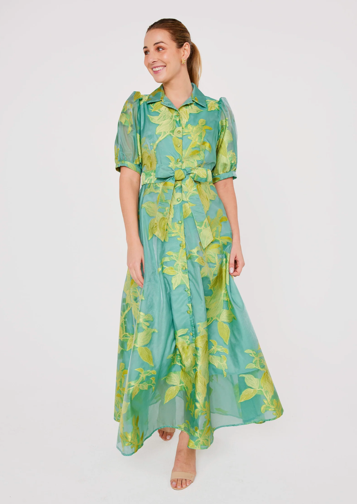 Charlotte Gown Teal Leaf Organza