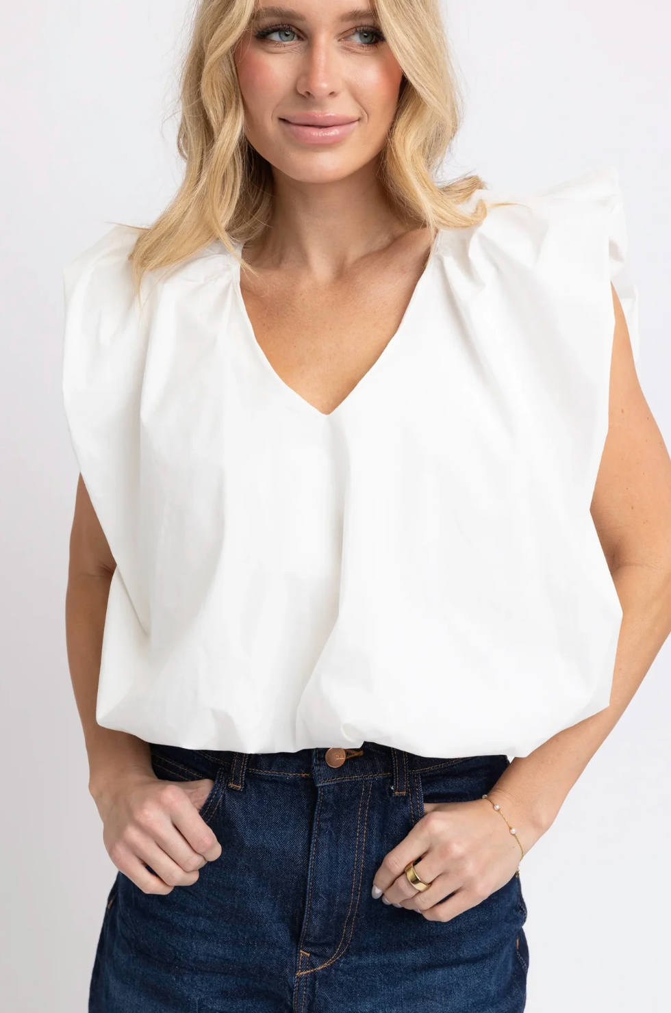 Poplin V Neck Bubble Top, White