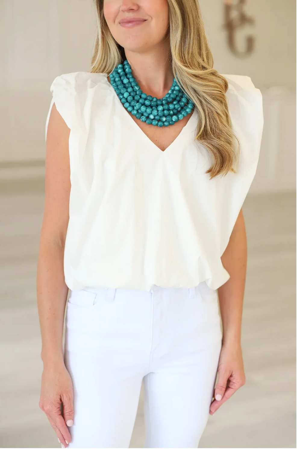 Poplin V Neck Bubble Top, White