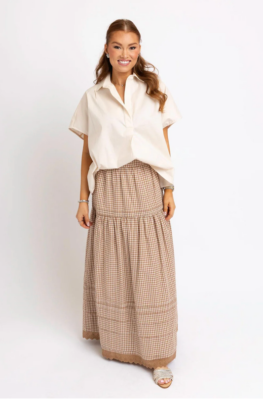 Gingham Tier Maxi Skirt | Brown
