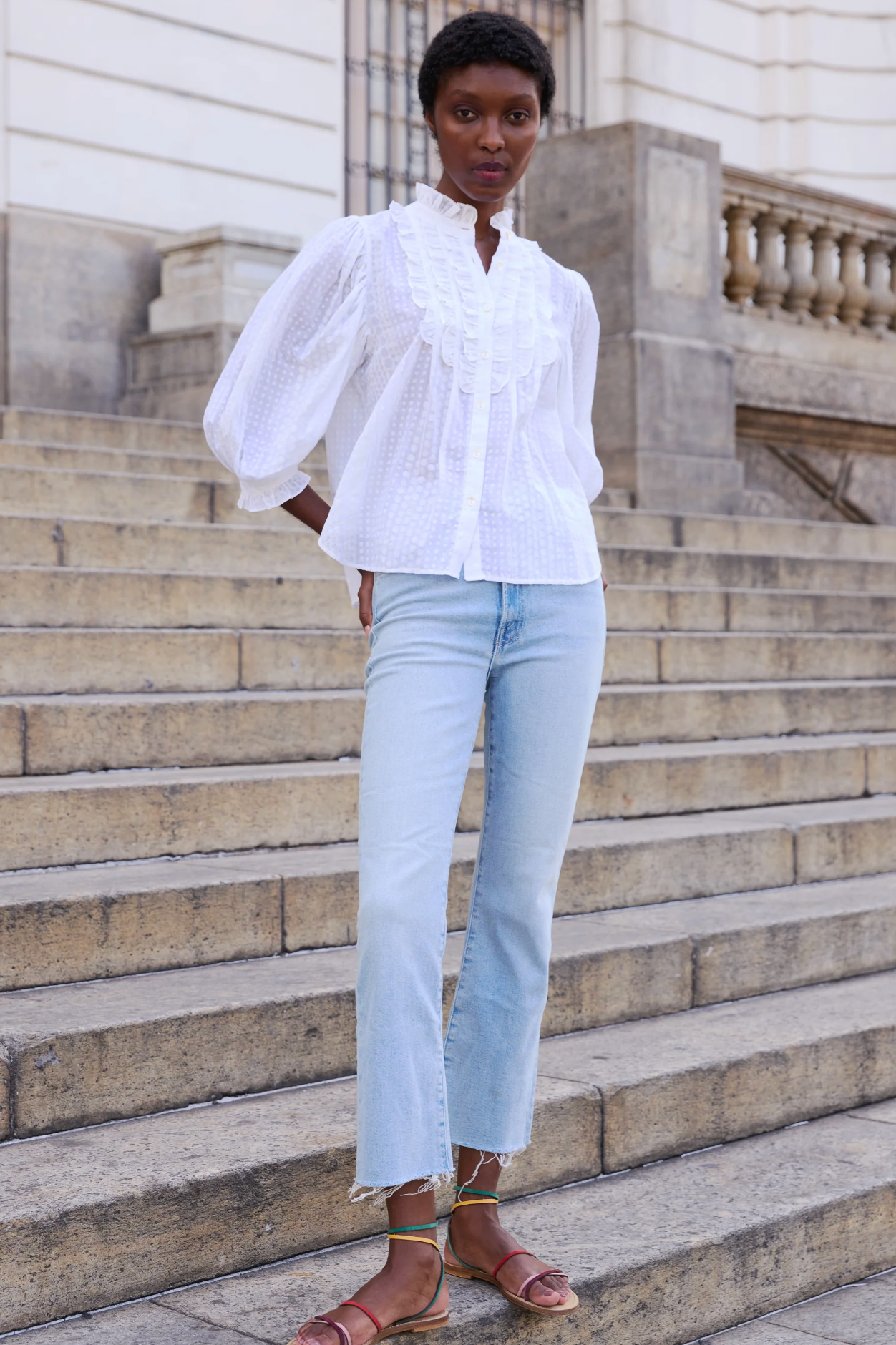Ruffle Front Button Blouse- Domino White