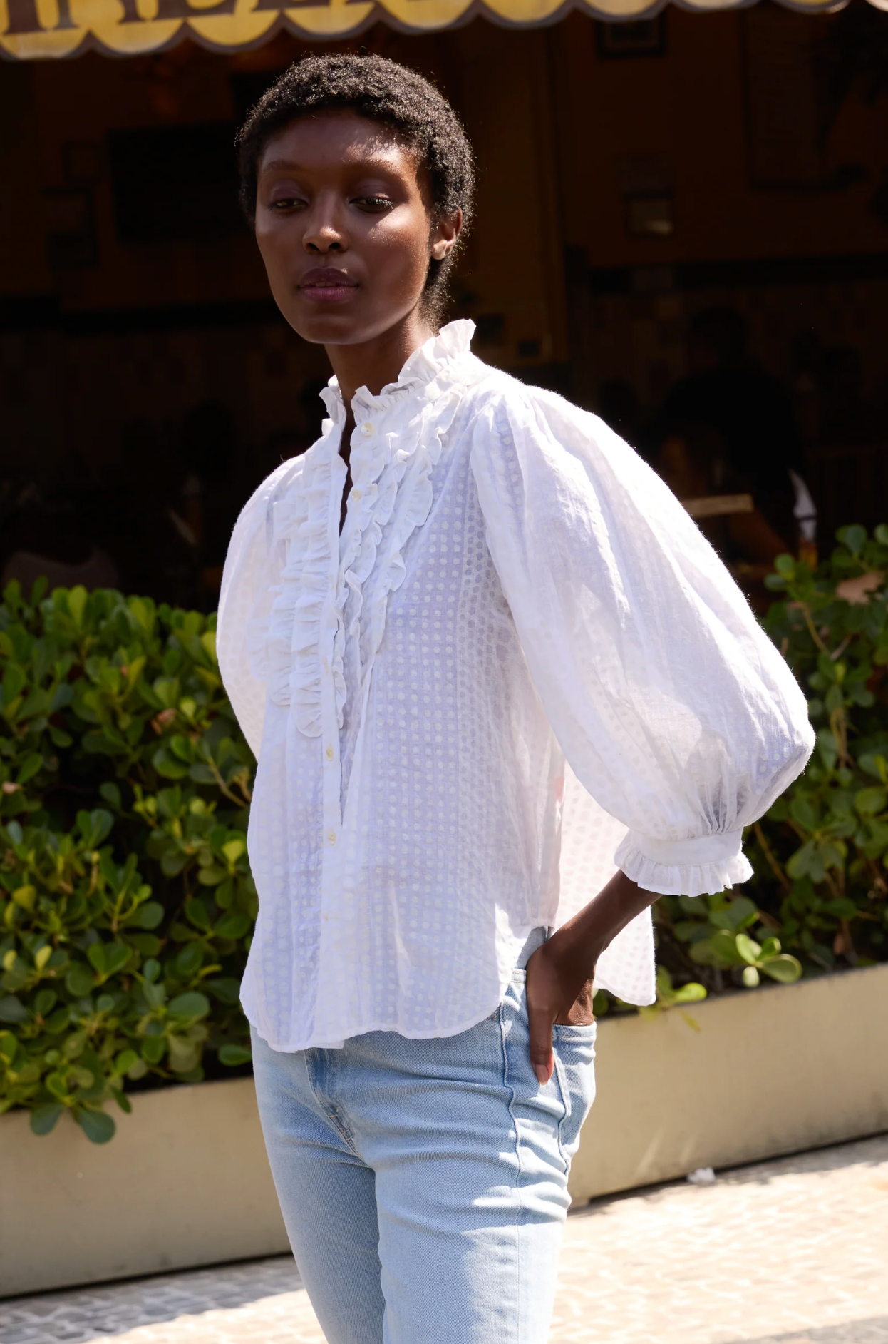 Ruffle Front Button Blouse- Domino White