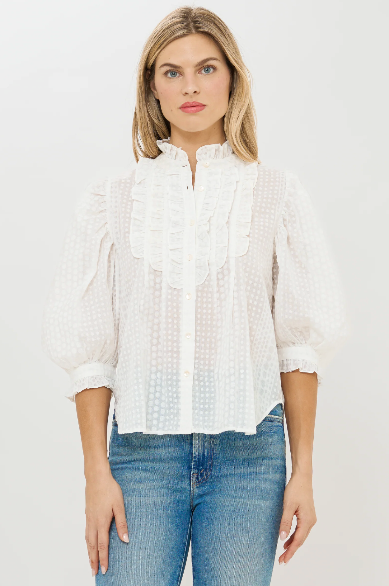 Ruffle Front Button Blouse- Domino White