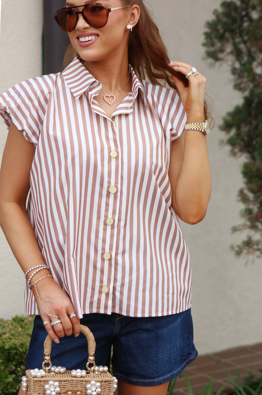 Brown Stripe Bubble Button Up Top