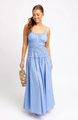 STRIPE BLUE/WHITE SMOCK CAMI MAXI DRESS