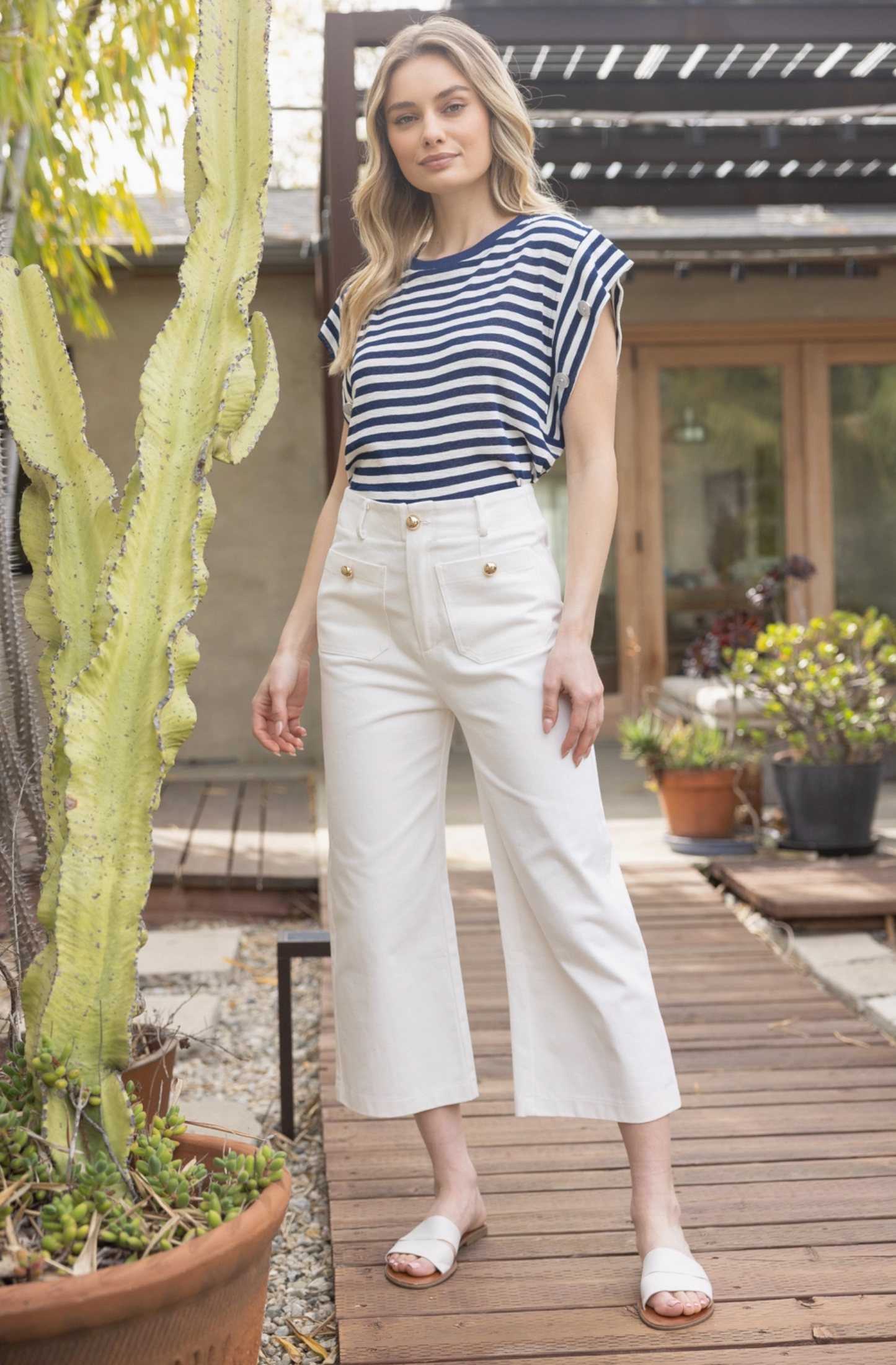 Gold Button Double Pocket Straight Legs Pants