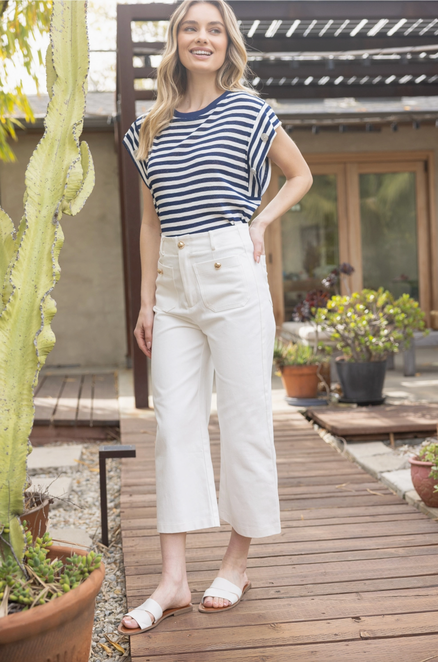 Gold Button Double Pocket Straight Legs Pants