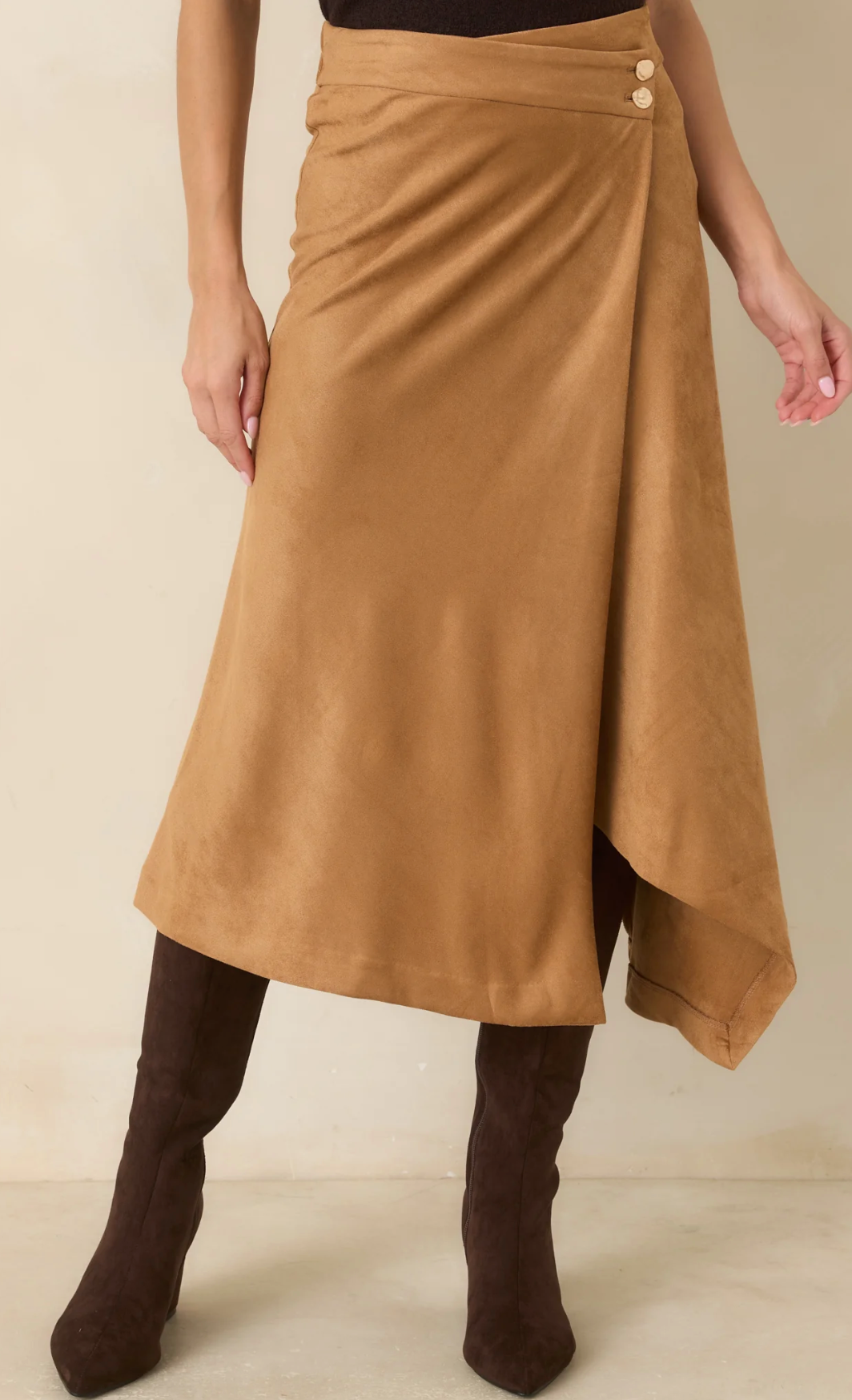 The Charlean Camel Vegan Suede Midi Skirt