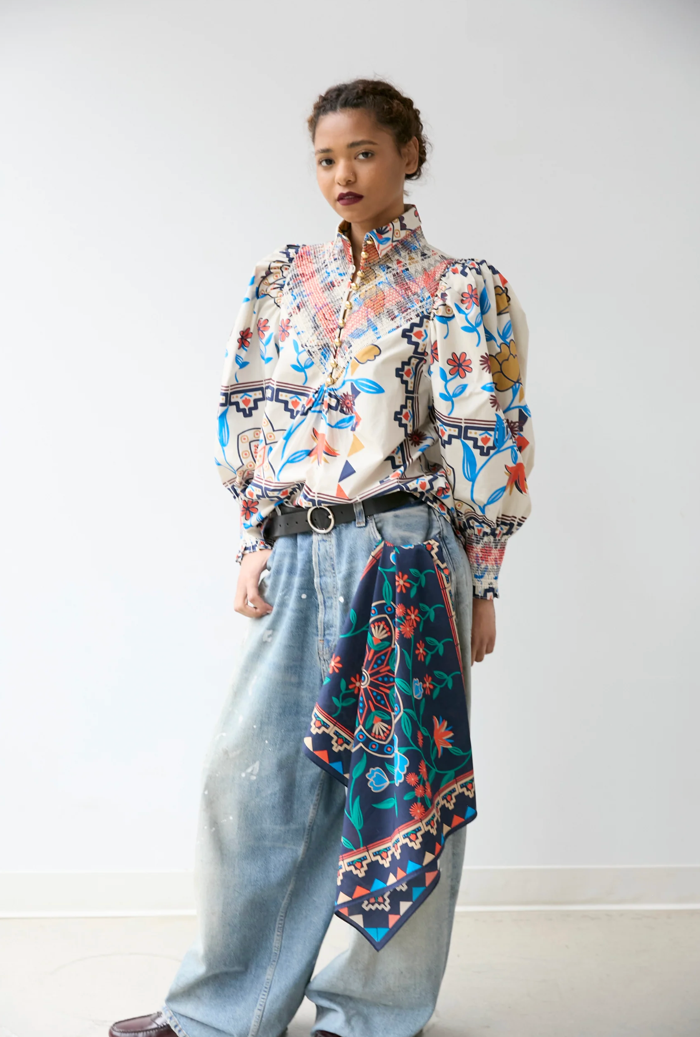 Smocked Shirt | Vanilla Floral Scarf