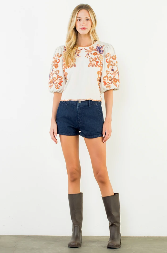Juliana Floral Embroidered Puff Sleeve Top