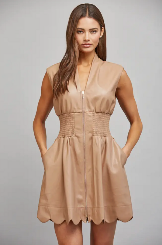 Anna Scallop Trim Faux Leather Mini Dress