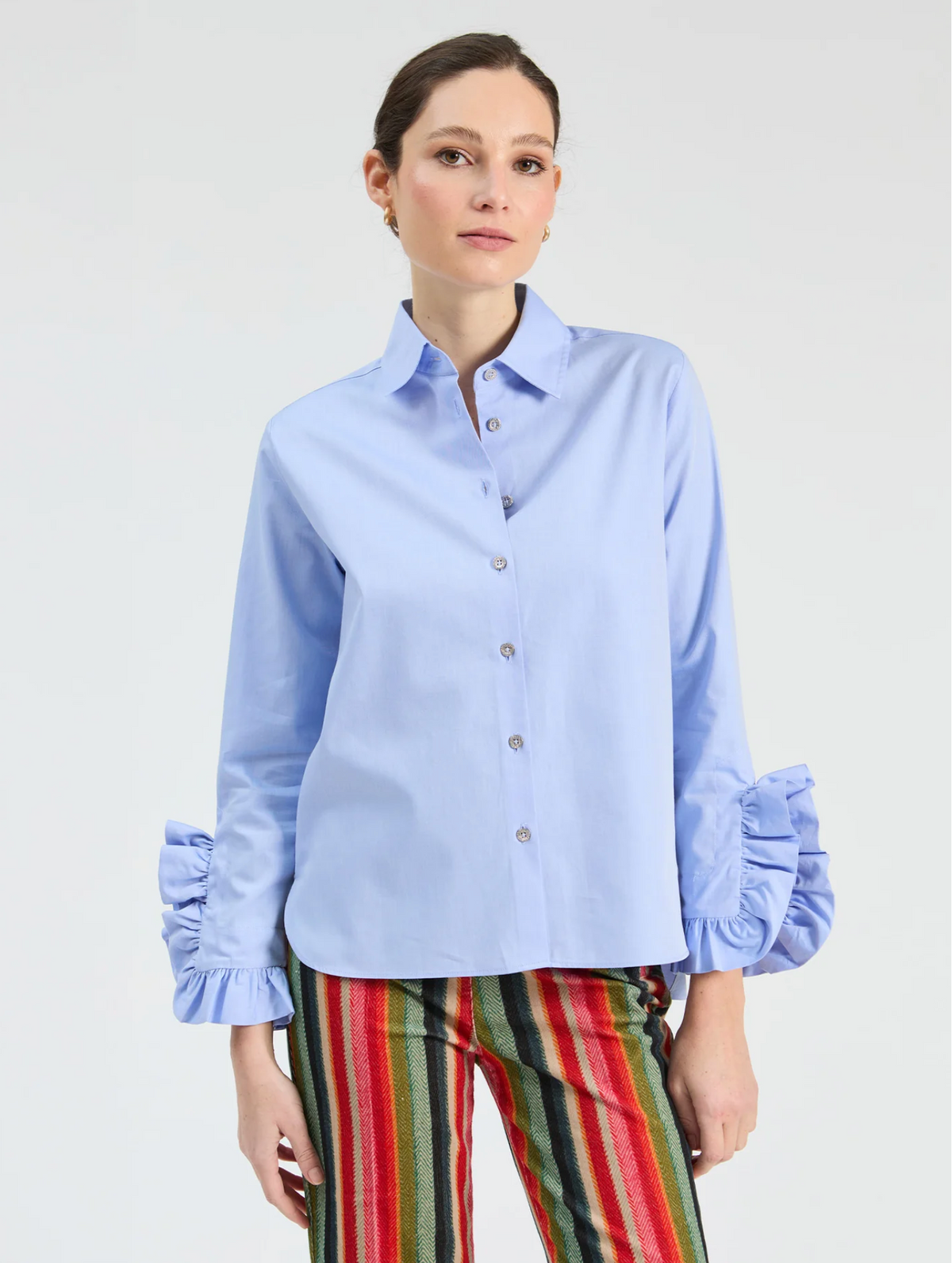 BLUE SHIRT WITH SIDE RUFFLES