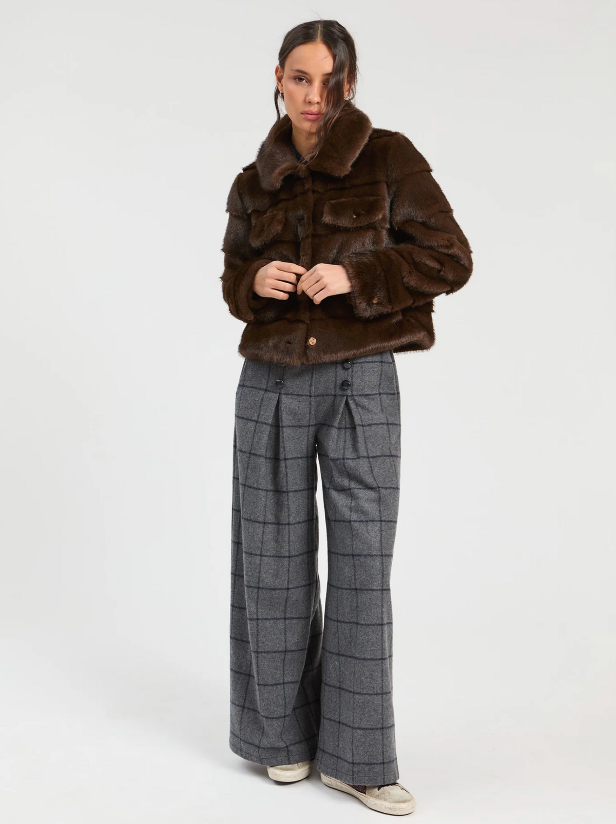 BROWN FUR JACKET, DENIM EFFECT