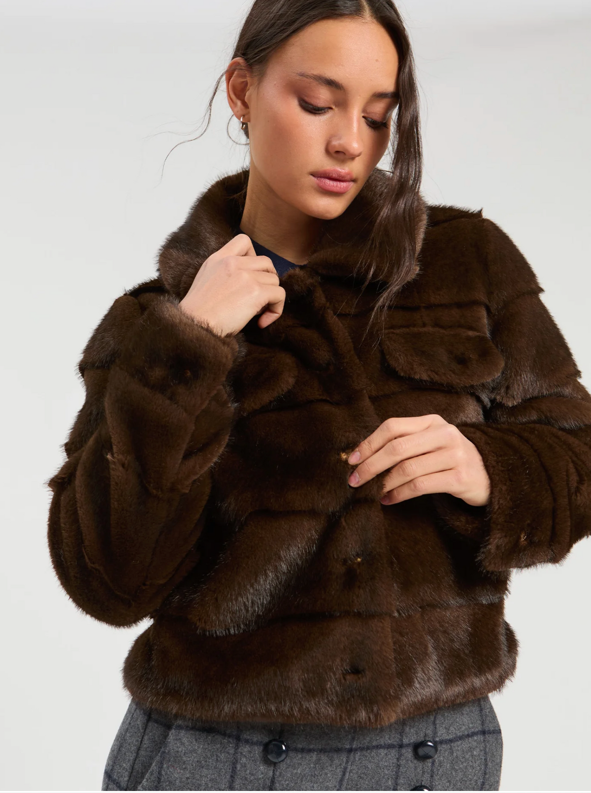 BROWN FUR JACKET, DENIM EFFECT