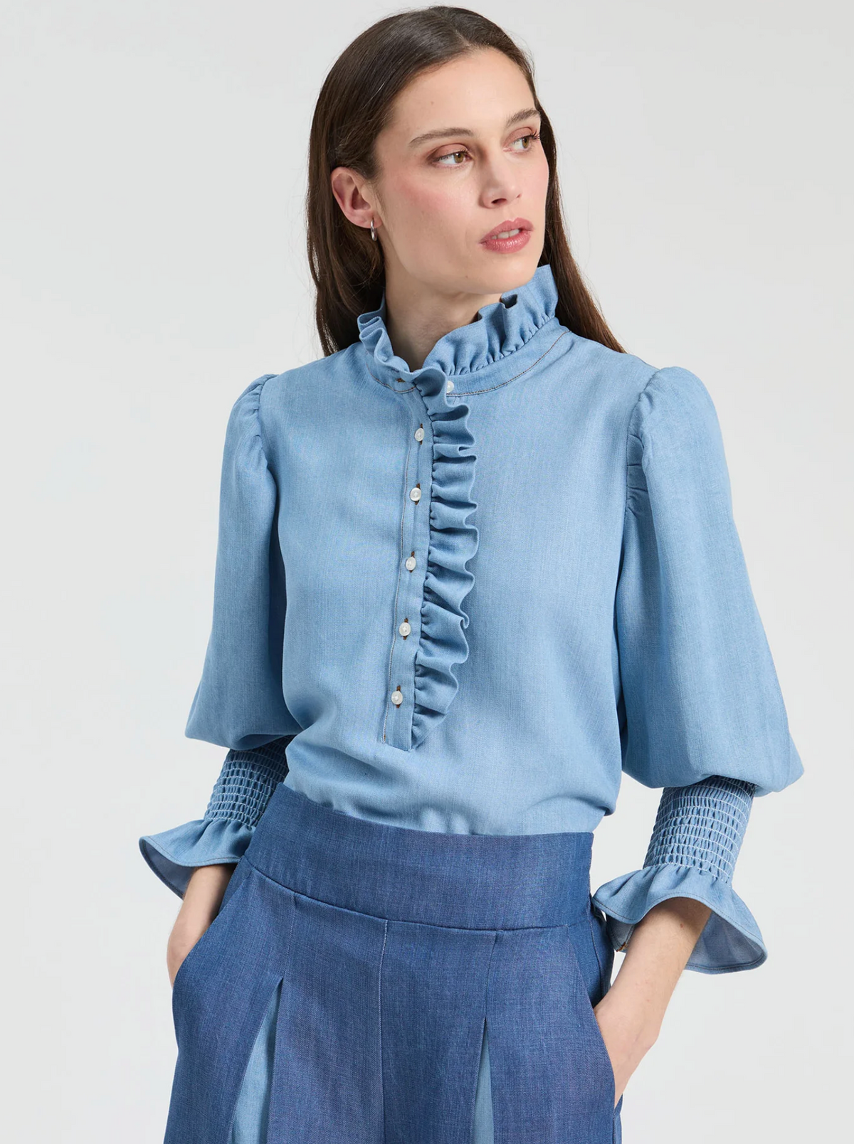 BLUE DENIM SHIRT WITH FRONT RUFFLES