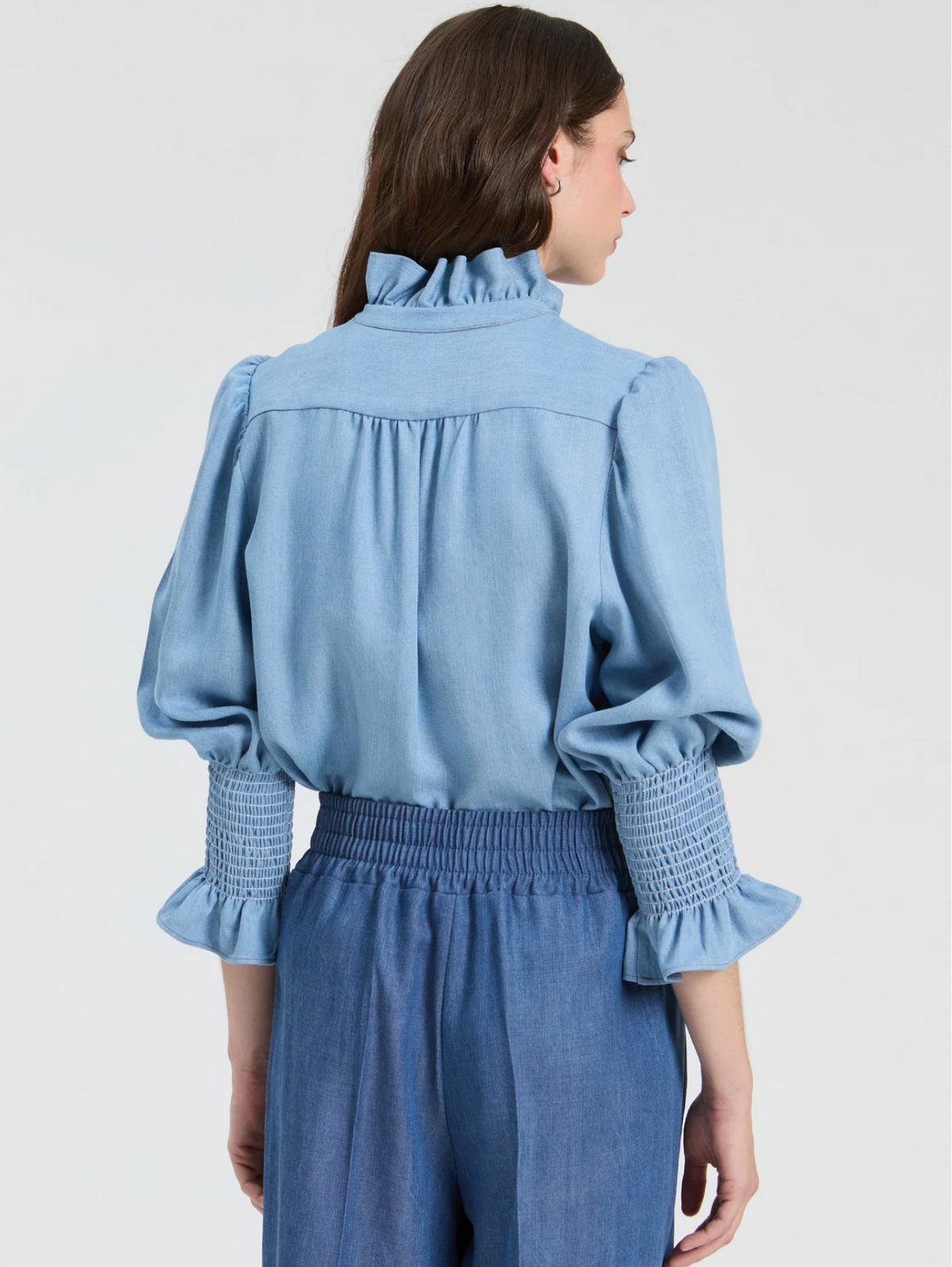 BLUE DENIM SHIRT WITH FRONT RUFFLES